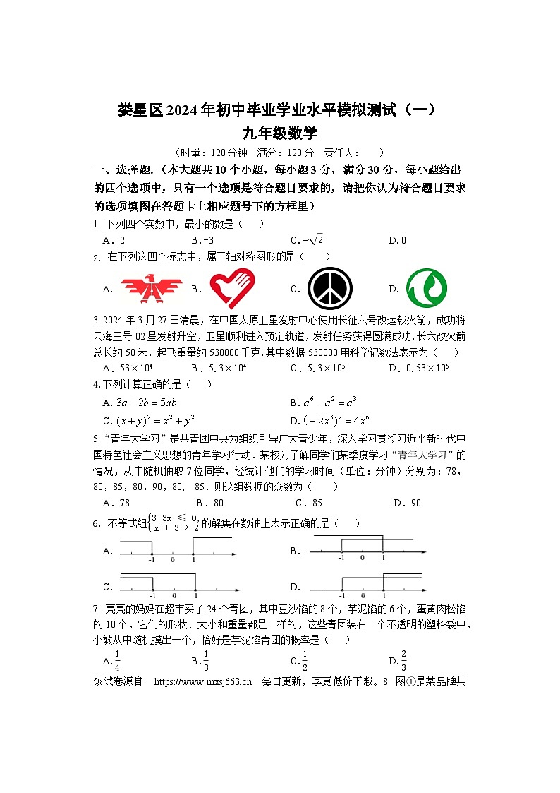 2024年湖南省娄底市娄星区中考数学一模试题01