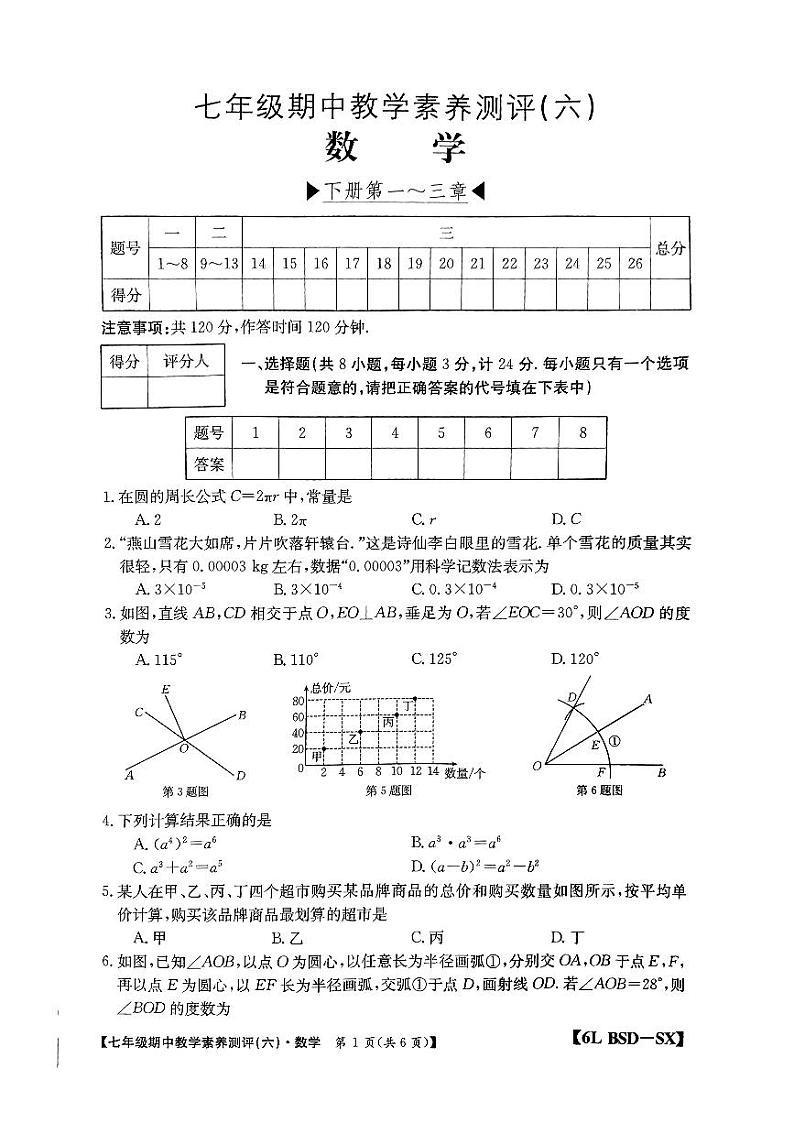 陕西省榆林市子洲县周家硷中学2023—2024学年七年级下学期4月期中数学试题01