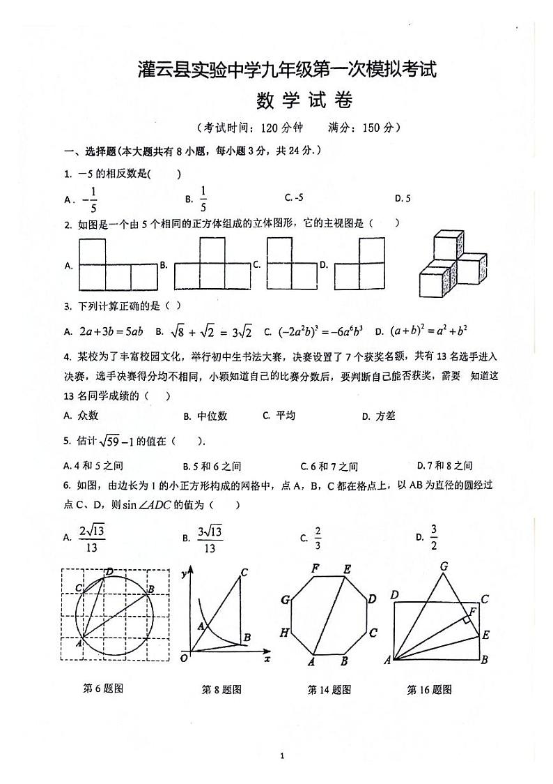 2024年江苏省连云港市灌云县+实验中学中考一模数学试题第1页