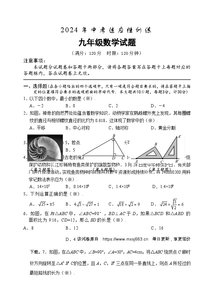 湖北省宜昌市夷陵区2023—2024学年九年级下学期4月期中数学试题01
