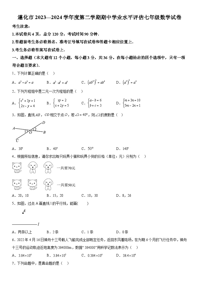河北省唐山市遵化市2023-2024学年七年级下学期期中数学试题（含解析）01