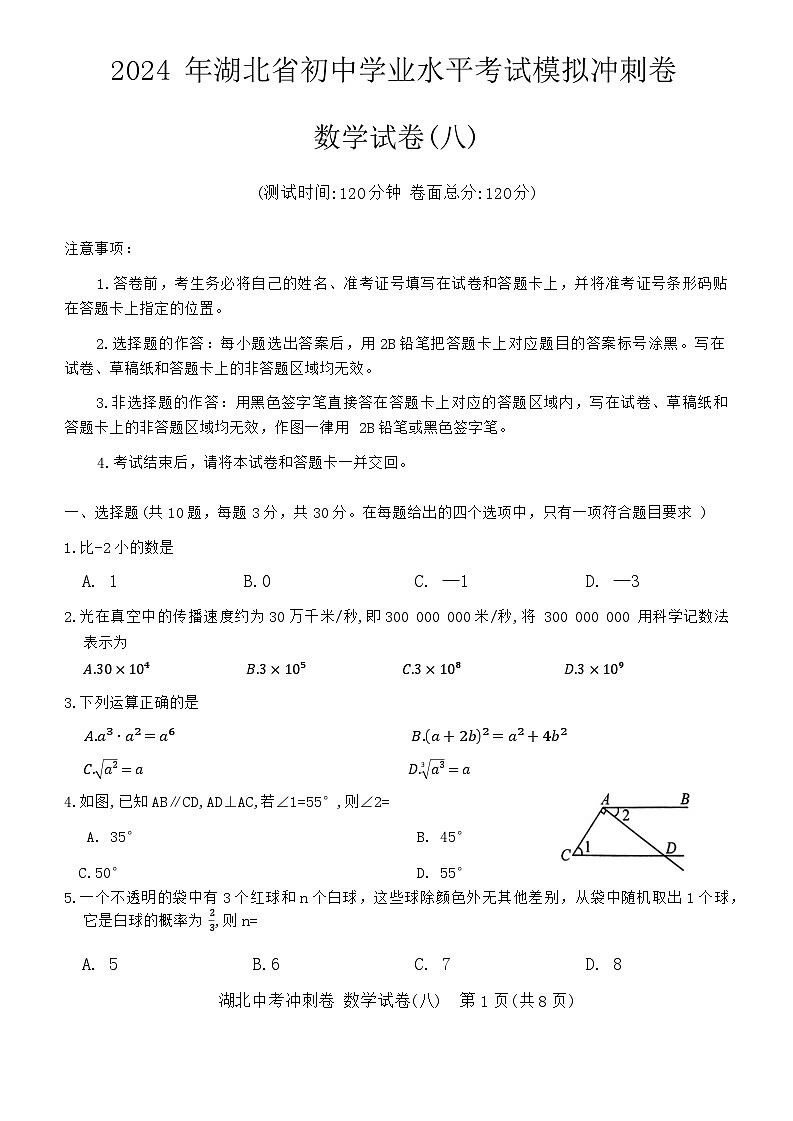 2024年湖北省中考三轮冲刺模拟数学试卷(八)第1页