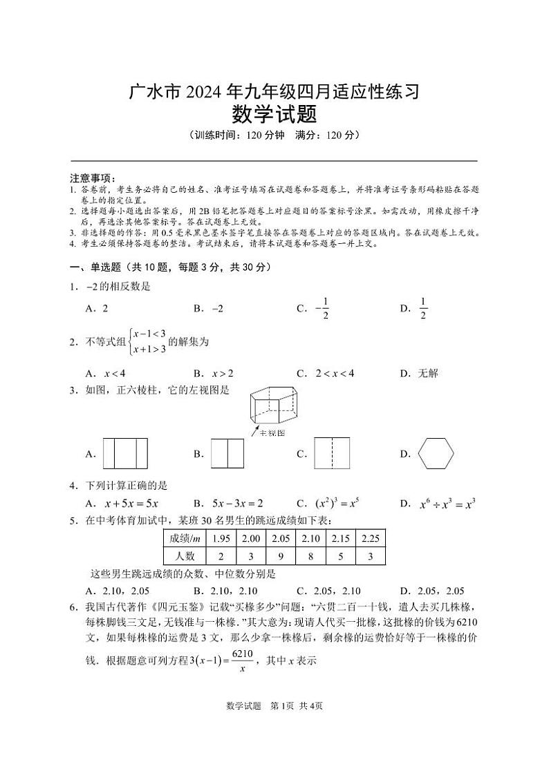 湖北省广水市2023-2024学年九年级下学期四月适应性练习数学试题01
