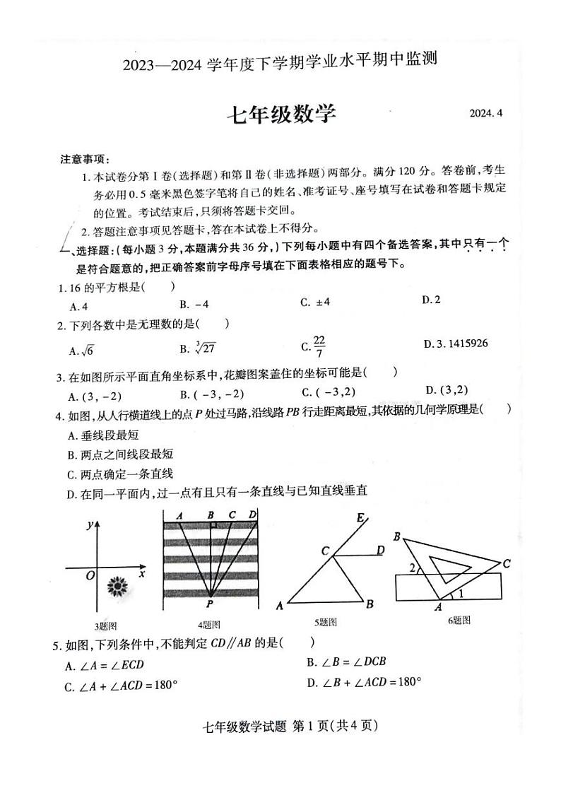 山东省临沂市平邑县2023--2024学年 下学期七年级数学期中试题01