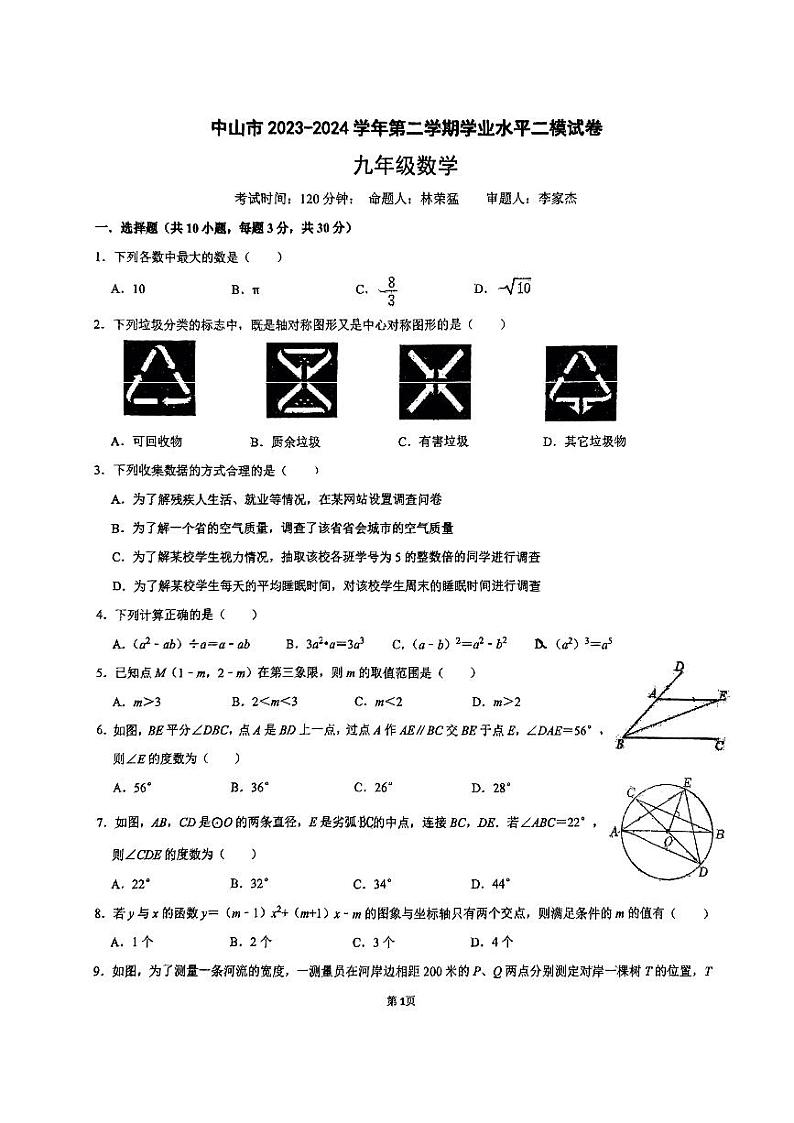 2024年广东省中山市中考二模数学试卷第1页