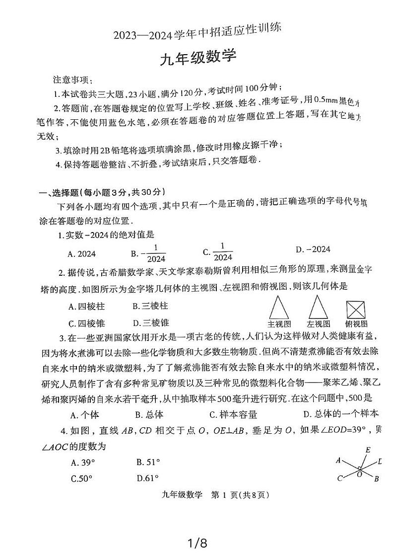 2024年河南省济源市九年级中考适应性训练数学 试卷01