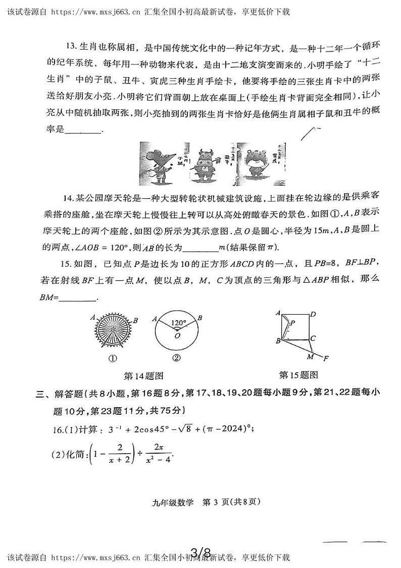 2024年河南省济源市九年级中考适应性训练数学 试卷03