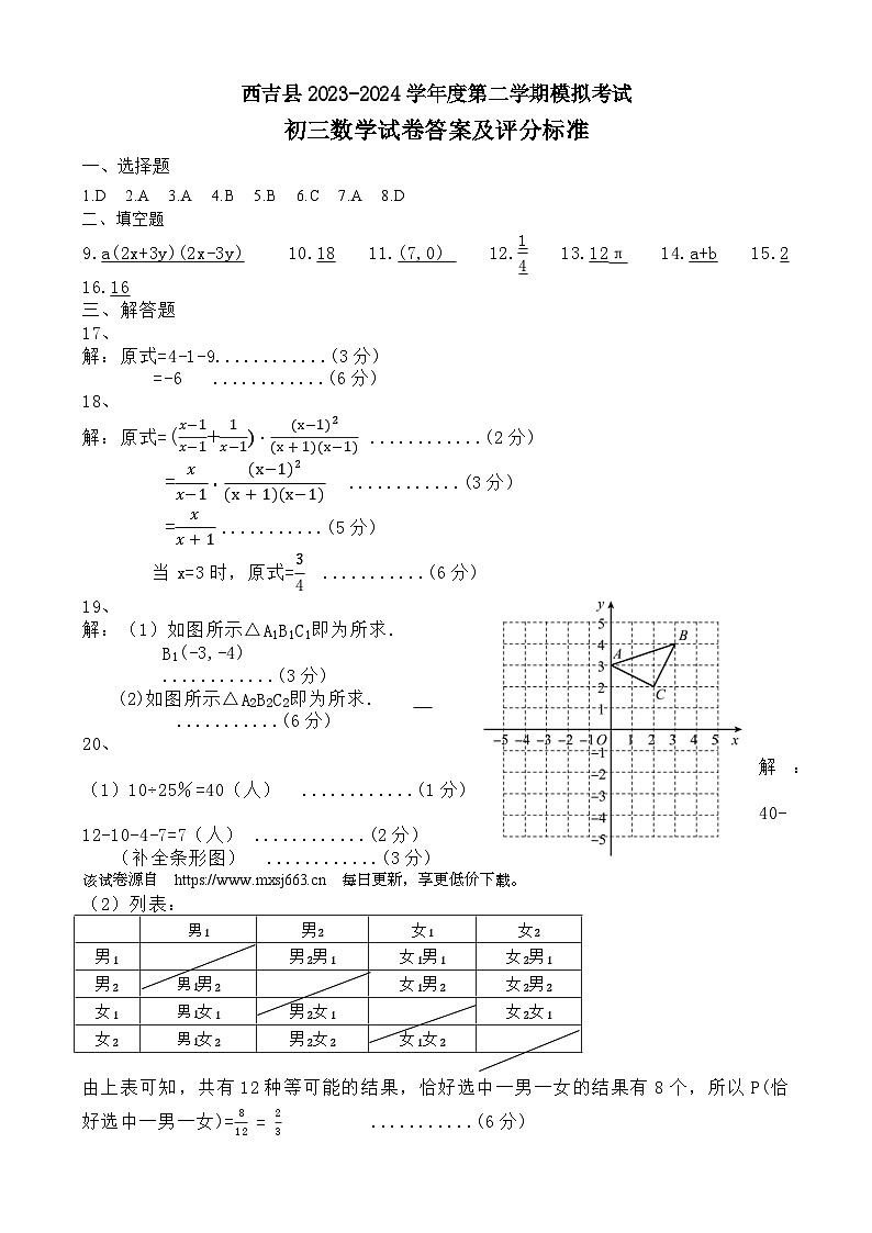 2024年宁夏回族自治区固原市西吉县中考一模数学试题(1)第1页