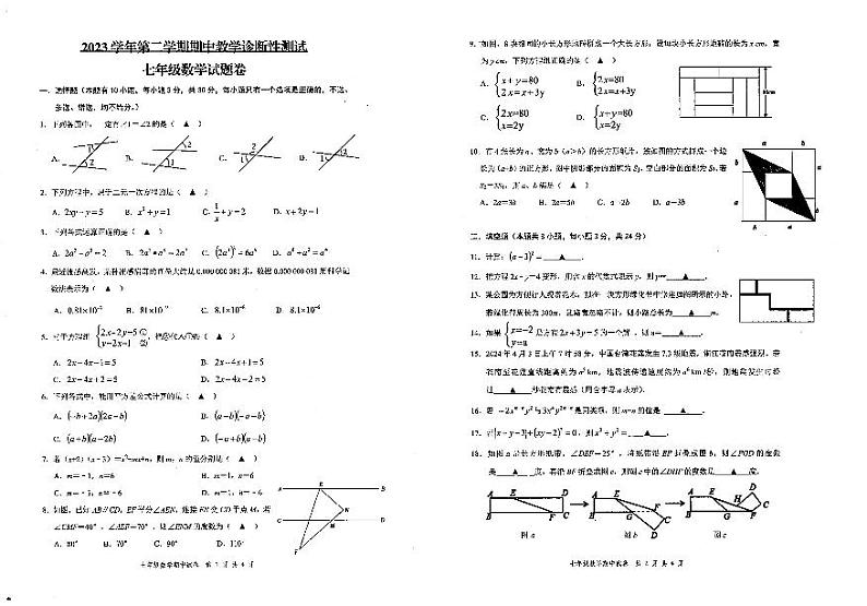浙江省温州市苍南县2023-2024学年下学期期中教学诊断性测试七年级数学试题第1页