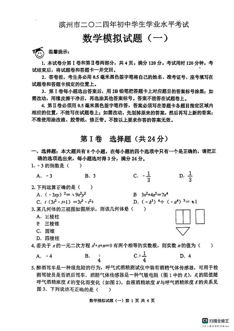 山东省滨州市2024年初中学业水平考试数学模拟试题（一）第1页