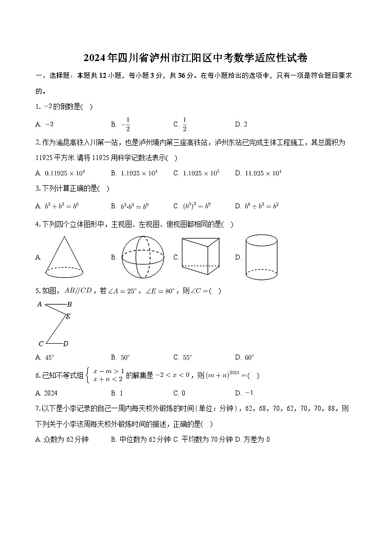 2024年四川省泸州市江阳区中考数学适应性试卷第1页