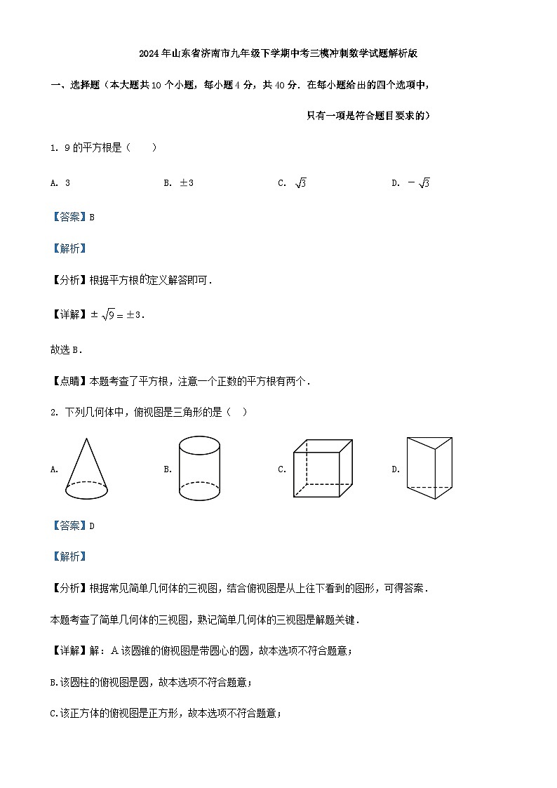 2024年山东省济南市九年级下学期中考三模冲刺数学试题解析版01