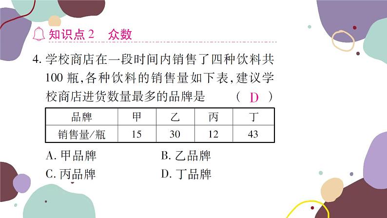 20.1.2  中位数和众数 第1课时 中位数和众数 人教版数学八年级下册习题课件第5页