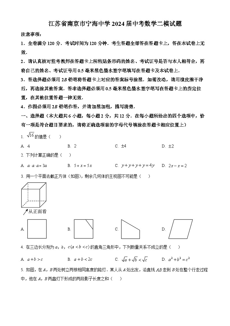 2024年江苏省南京市宁海中学中考数学二模试题（原卷版）第1页