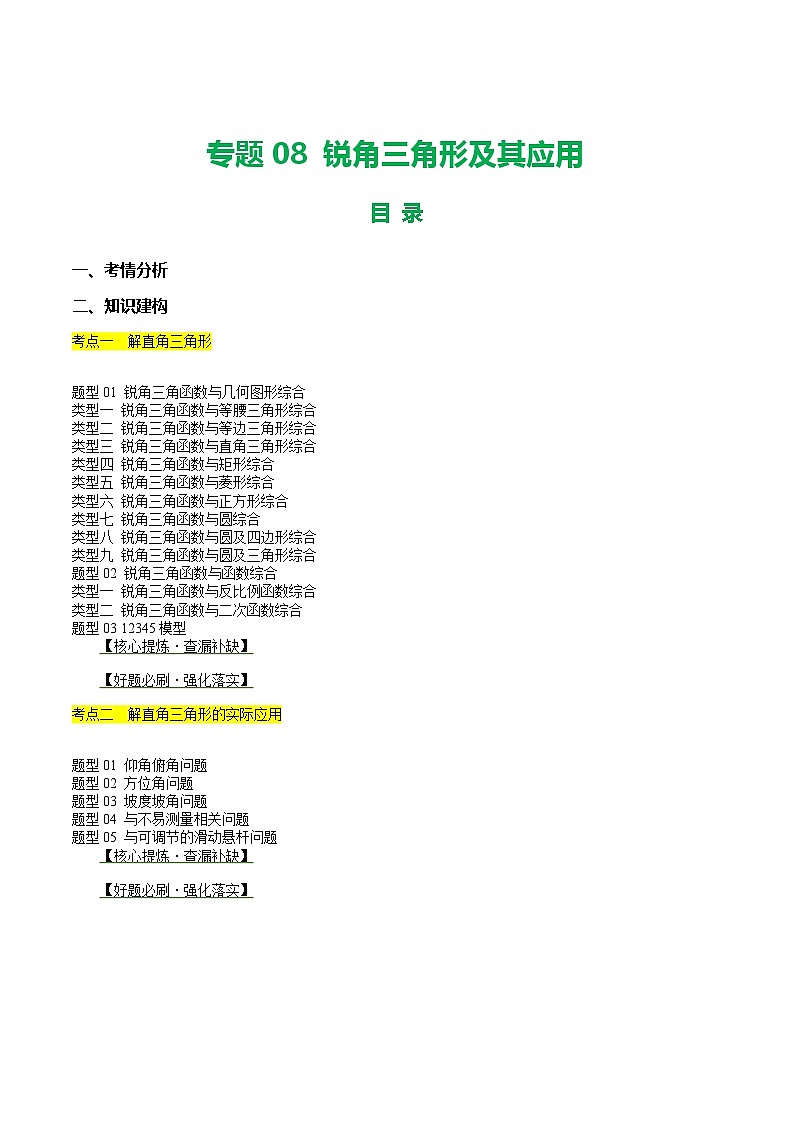 专题08 锐角三角形及其应用 （讲练）（解析版）第1页