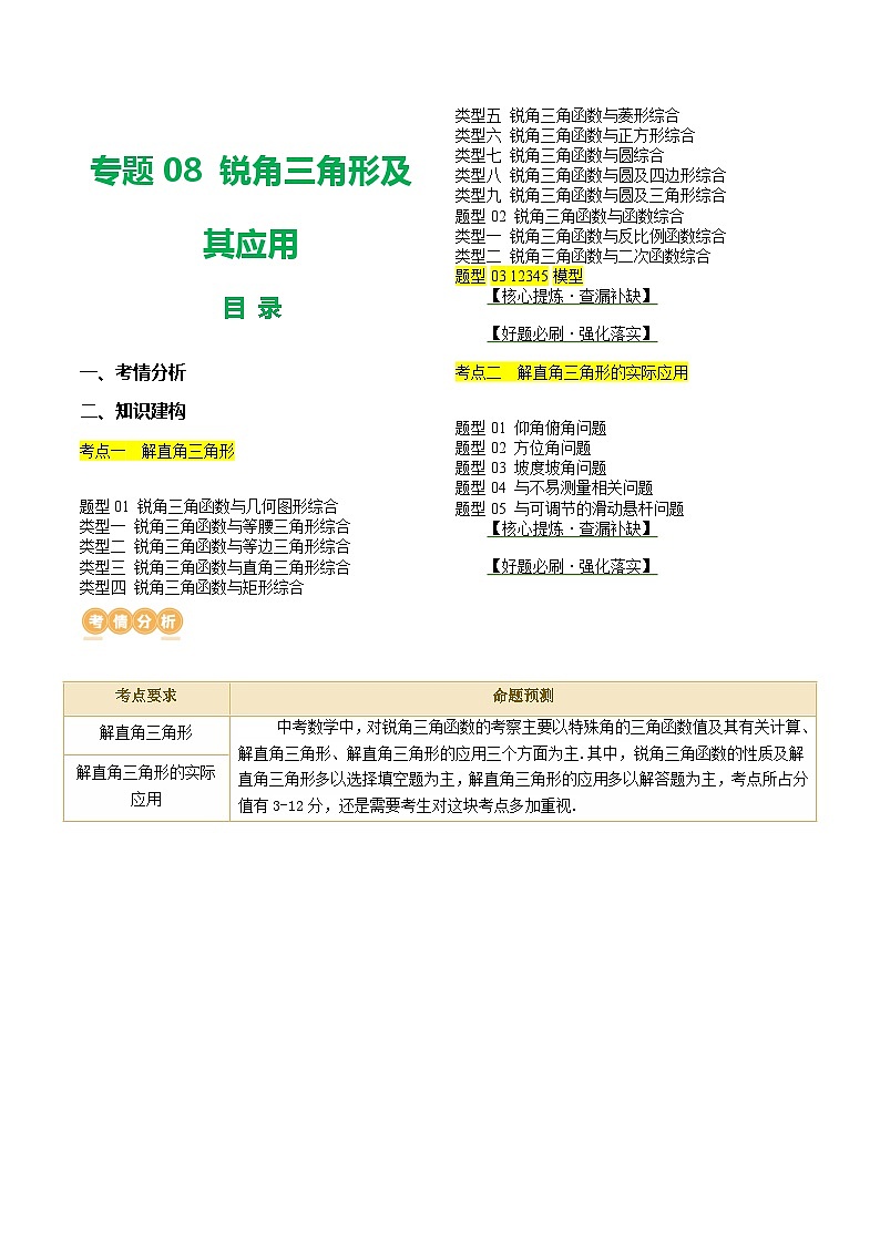 专题08 锐角三角形及其应用 （讲练）（原卷版）第1页