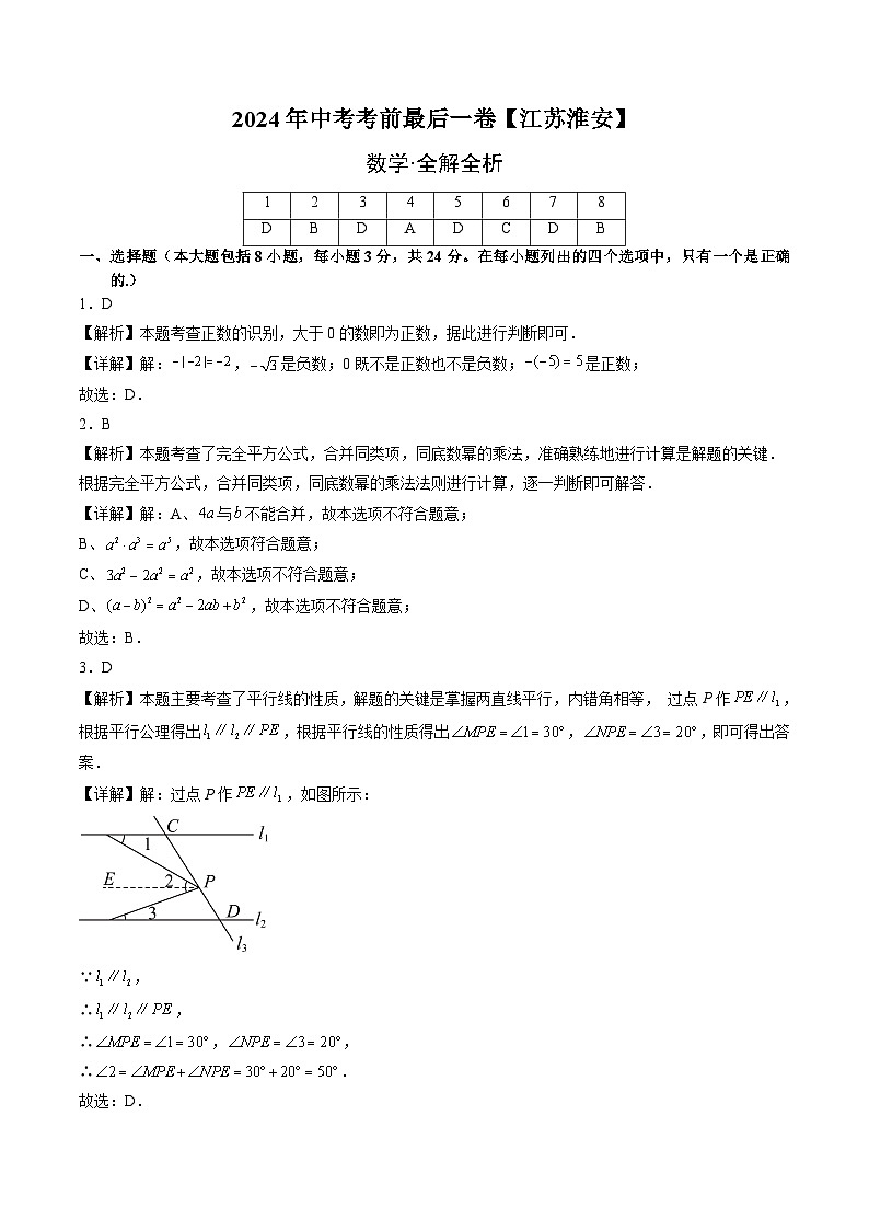 2024年中考考前最后一套押题卷：数学（江苏淮安卷）（全解全析）01