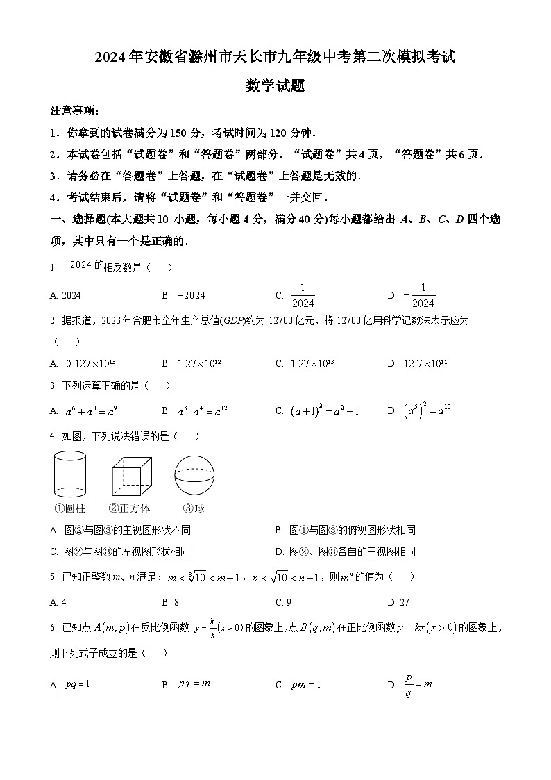 2024年安徽省滁州市天长市九年级中考二模数学试题（原卷版+解析版）01