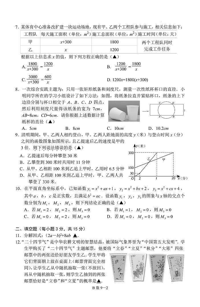 2024年湖北中考模拟G9联盟初三下学期五月调研考试数学试卷02