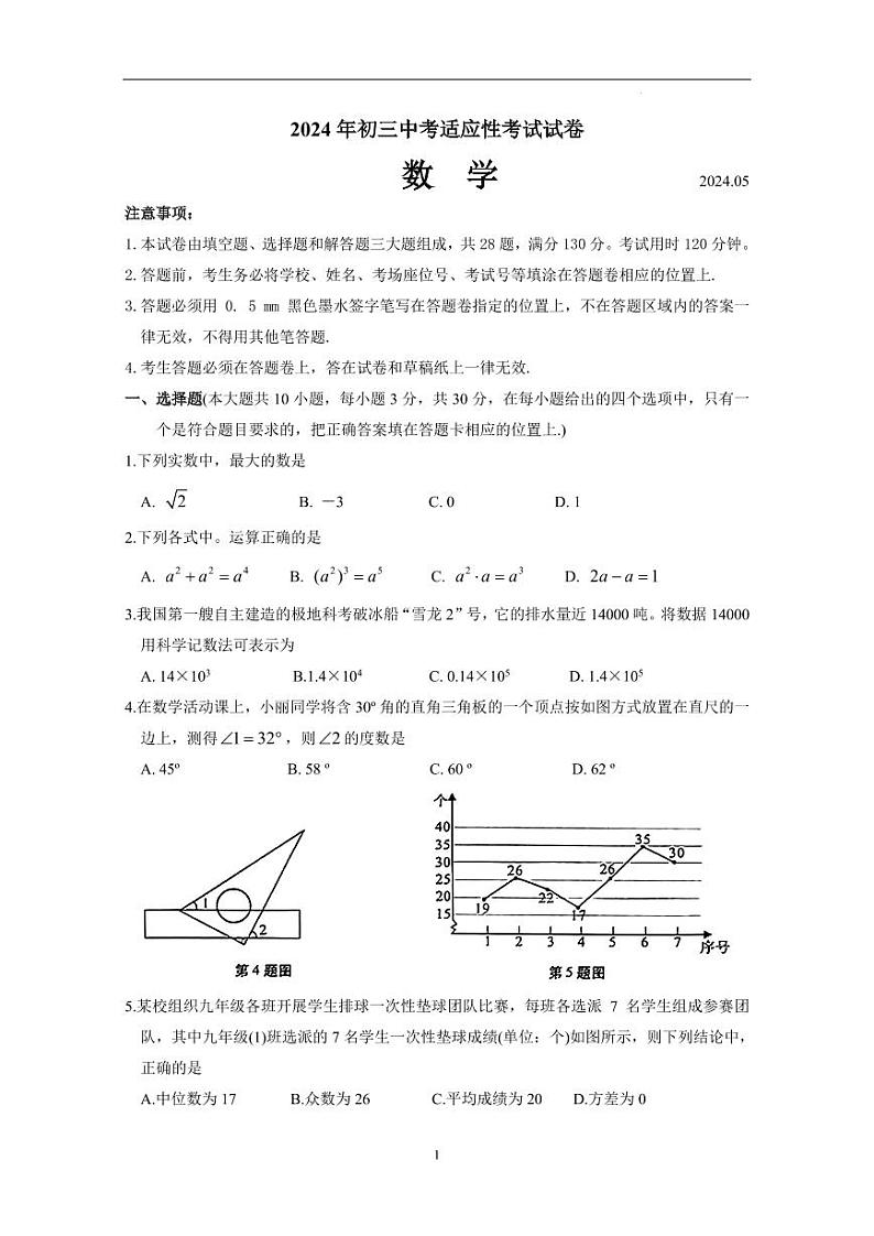 2024年昆山、太仓、常熟、张家港市九年级数学中考适应性考试试卷+答案01