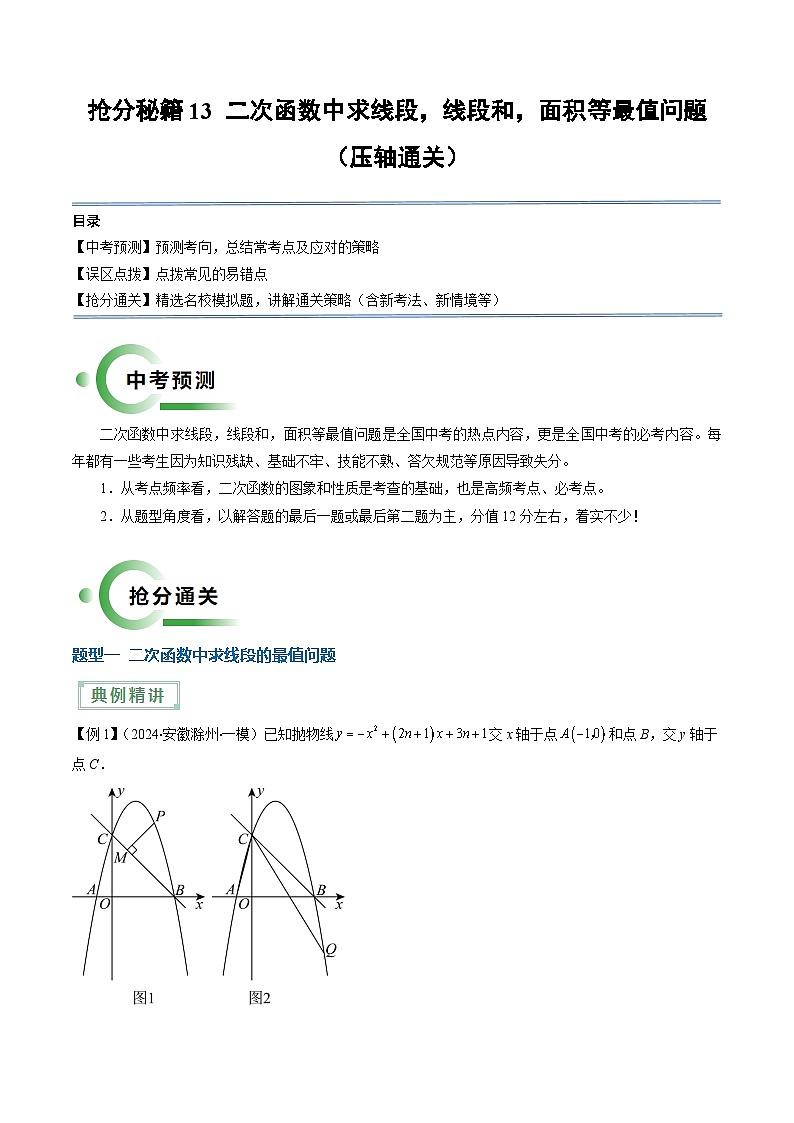 抢分秘籍13 二次函数中求线段，线段和，面积等最值问题（解析版）第1页