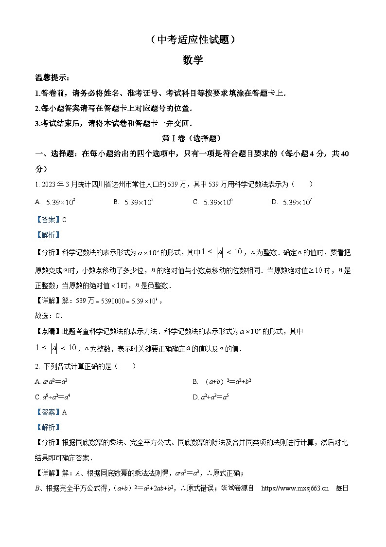 196，2024年四川省 达州市达川区达州中学附属实验学校中考适应性考试数学试题01