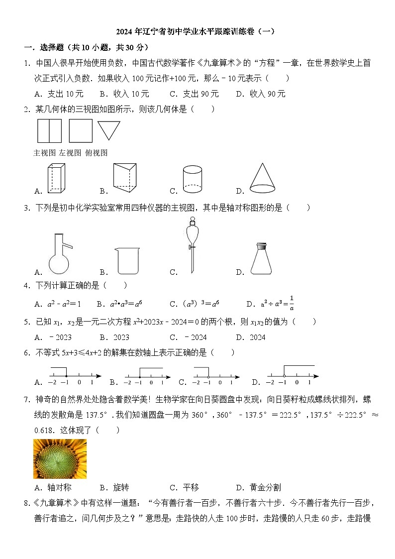 40，2024年辽宁省初中学业水平跟踪训练卷（一）  九年级数学试题01