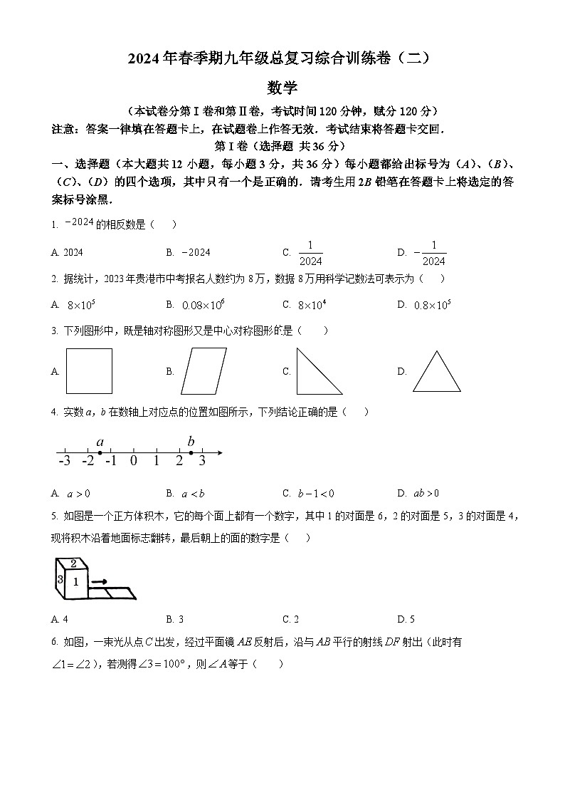 2024年广西壮族自治区贵港市九年级中考二模数学试题（原卷版）第1页