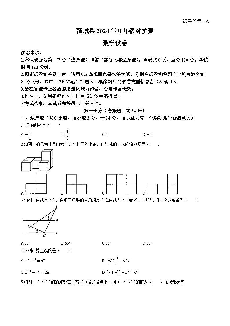 34，2024年陕西省渭南市蒲城县九年级下学期初中学业水平考试对抗赛数学试题(无答案)01
