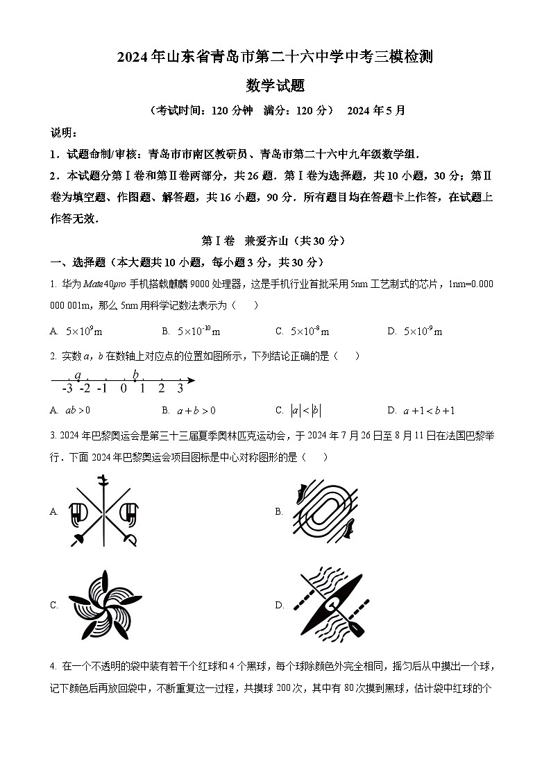 2024年山东省青岛市第二十六中学中考三模数学试题（原卷版）第1页