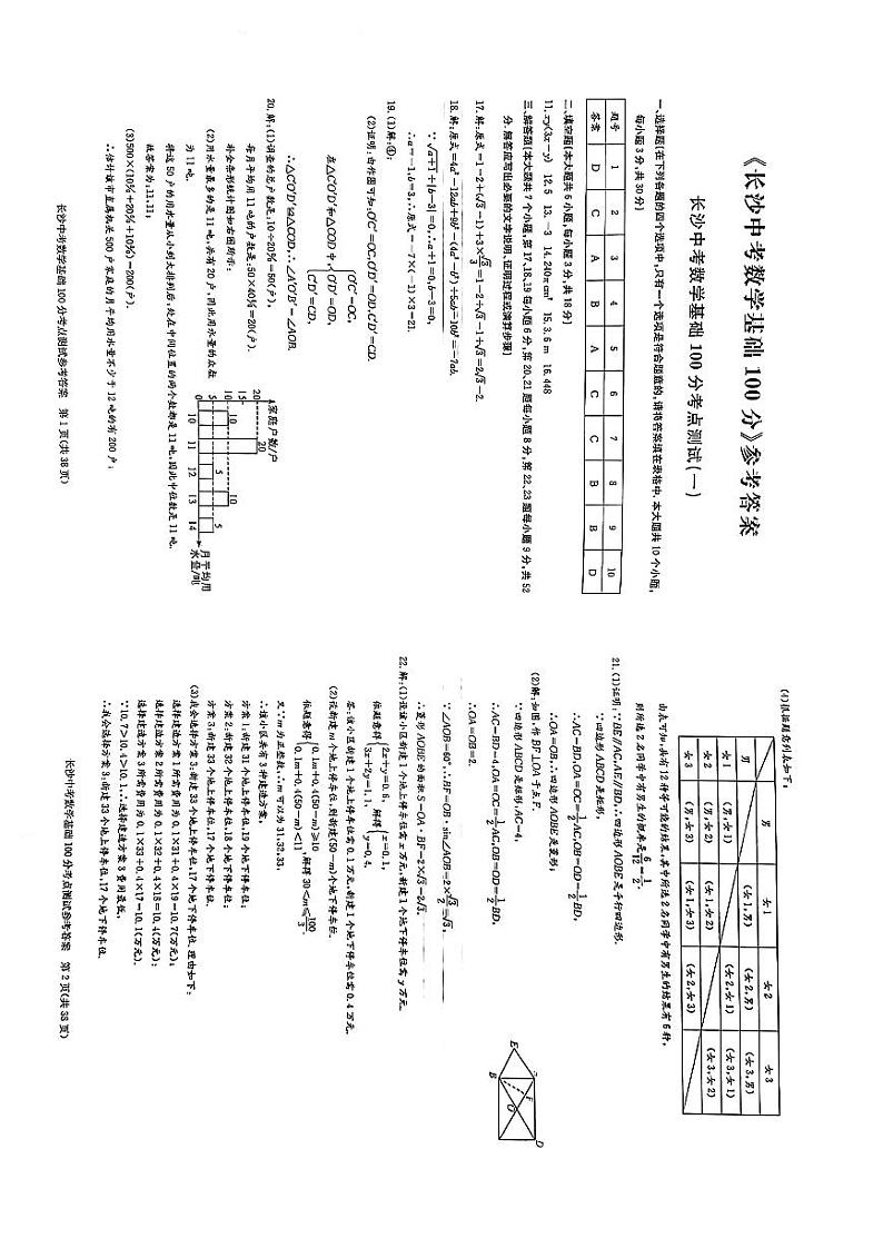 2022年长沙中考数学基础100分答案第1页