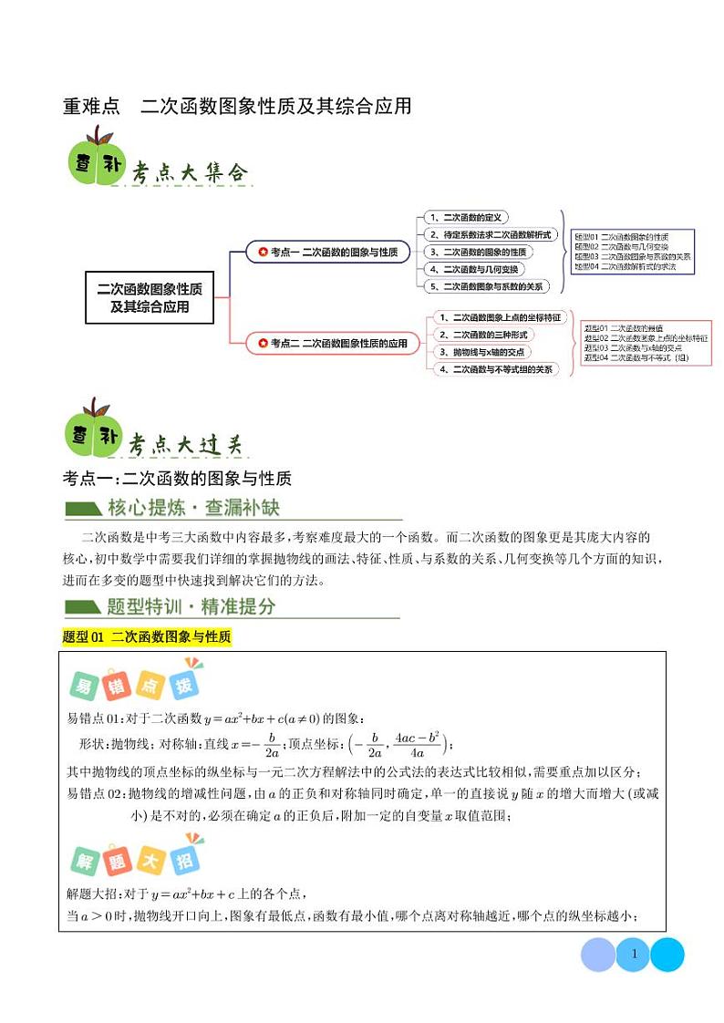 重难点  二次函数图象性质及其综合应用（学生版）第1页