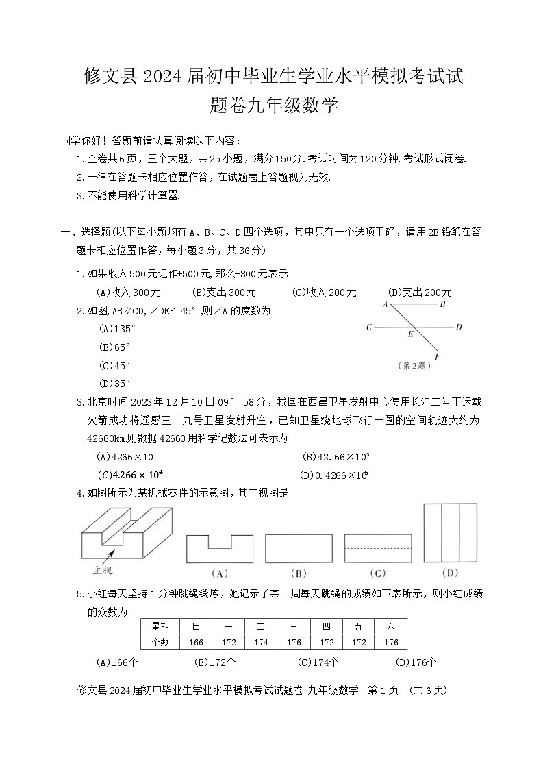 2024年贵州省贵阳市修文县九年级中考一模数学试题01