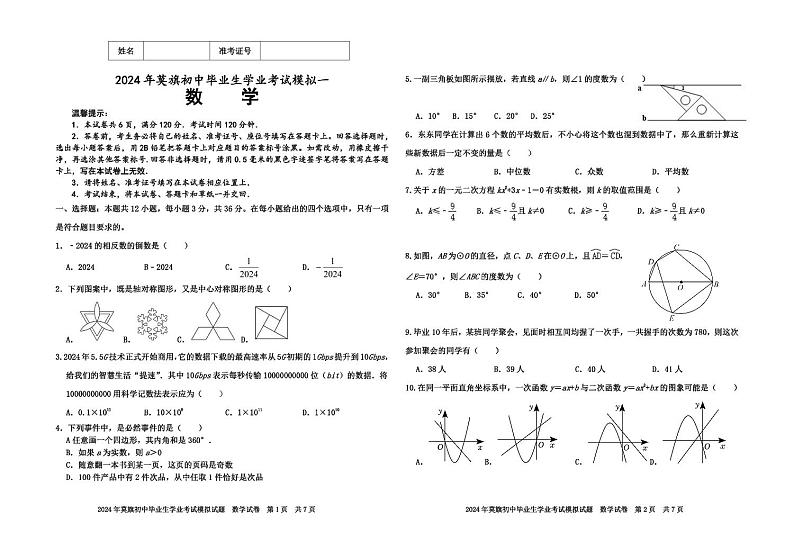 内蒙古自治区呼伦贝市尔市莫力达瓦达斡尔族自治旗2024年中考数学模拟一第1页
