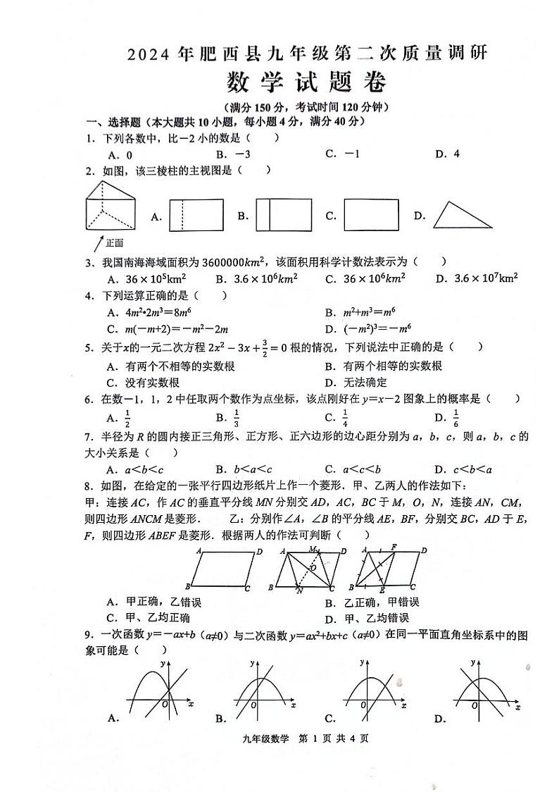 2024年安徽省合肥市肥西县九年级中考二模数学试题01