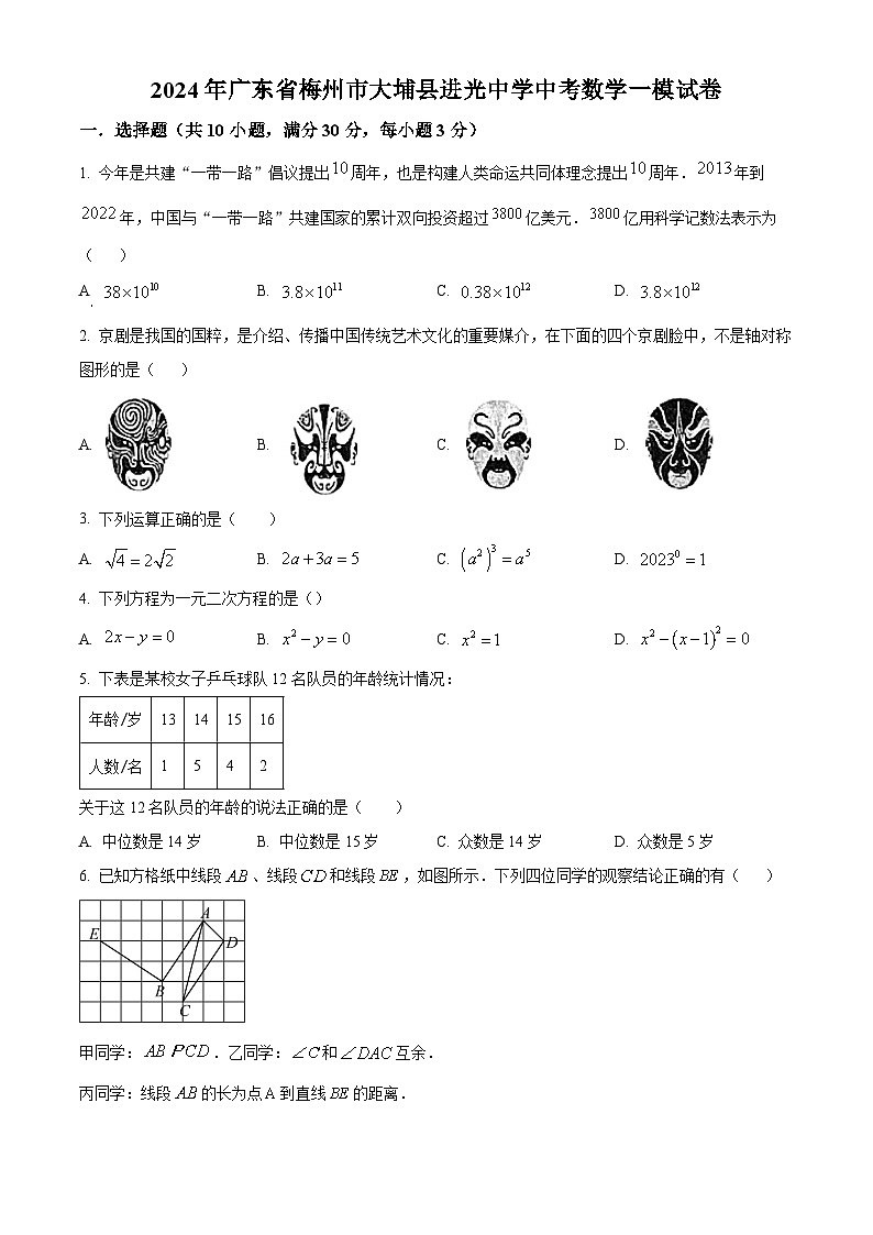 2024年广东省梅州市大埔县进光中学中考一模数学试题（原卷版）第1页