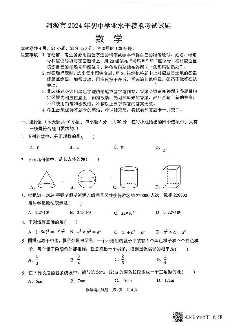 2024年广东省河源市中考一模数学试题(图片版)01