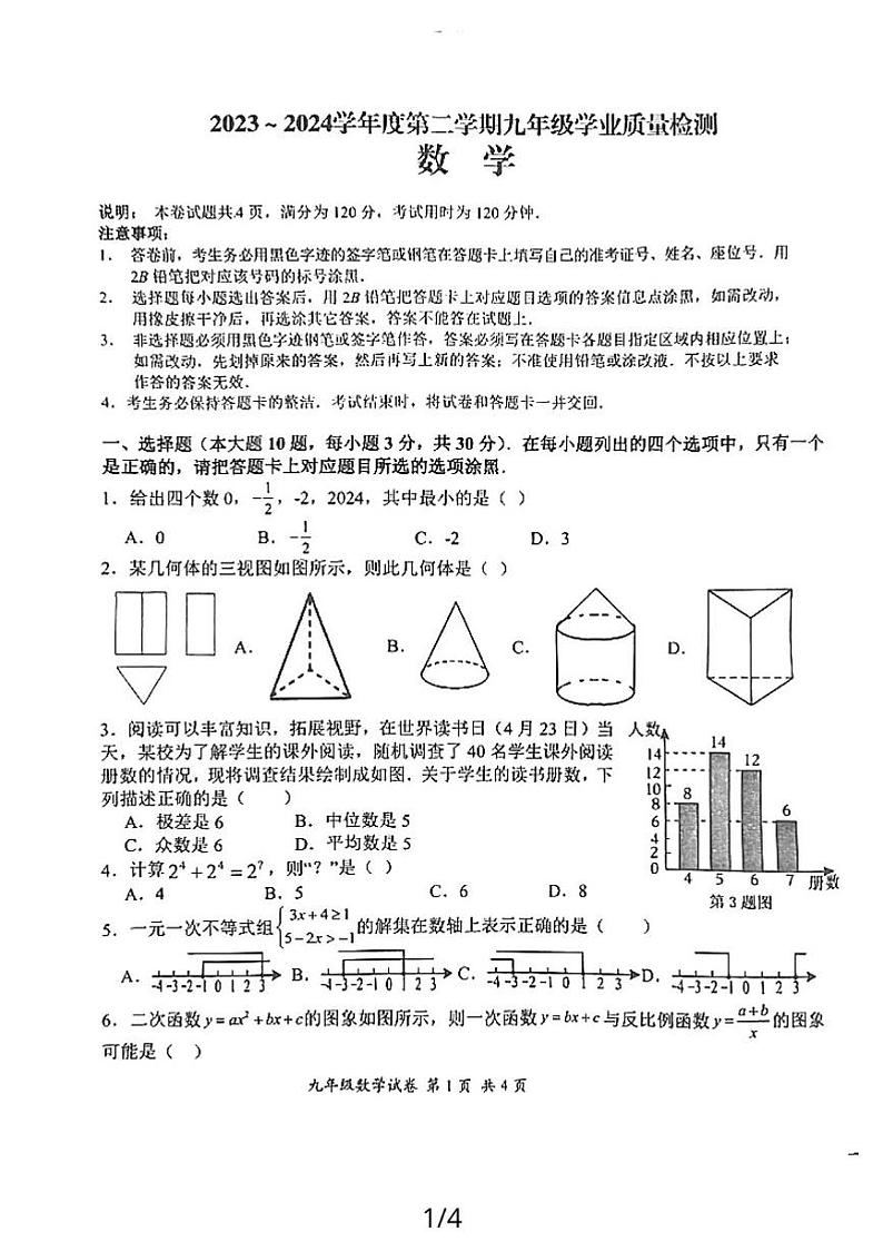 2024年广东省汕头市濠江区九年级中考数学一模试题(图片版)第1页