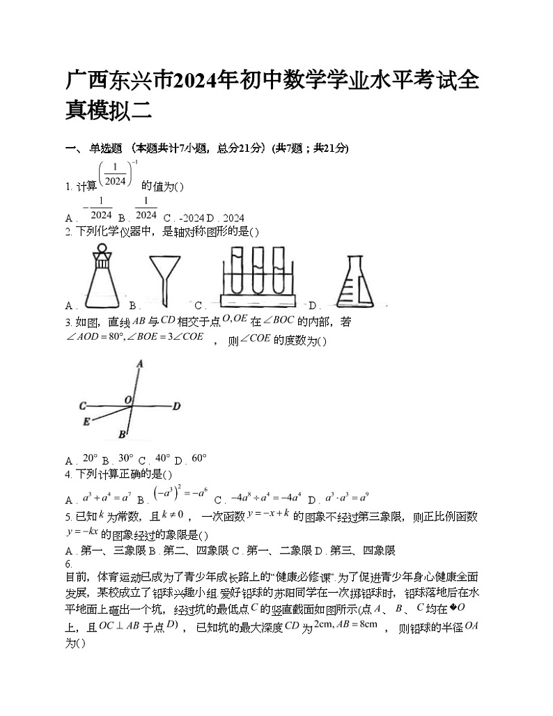 广西东兴市2024年初中数学学业水平考试全真模拟二第1页
