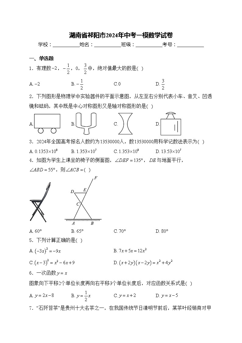 湖南省祁阳市2024年中考一模数学试卷(含答案)01