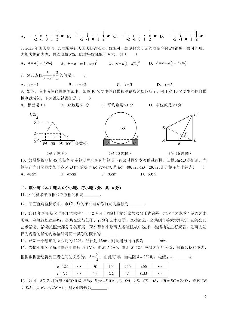2024 年长沙市初中学业水平考试模拟数学试卷四02