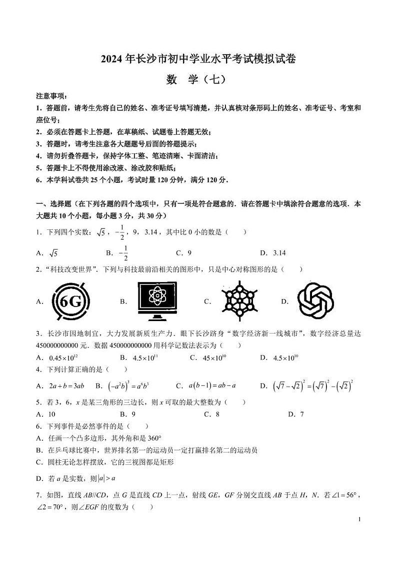 2024年长沙市初中学业水平考试模拟试卷数学（七）第1页