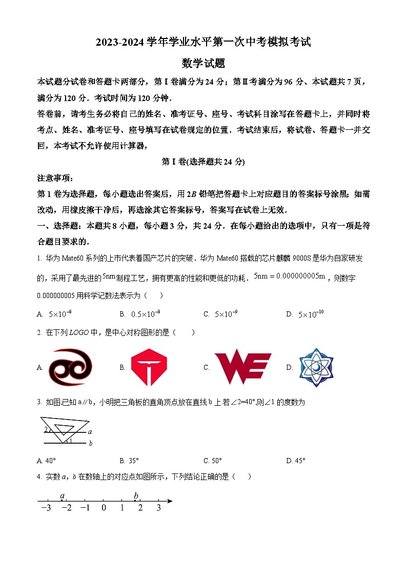 2024年山东省滨州市阳信县部分中学中考数学一模试题（原卷版）第1页