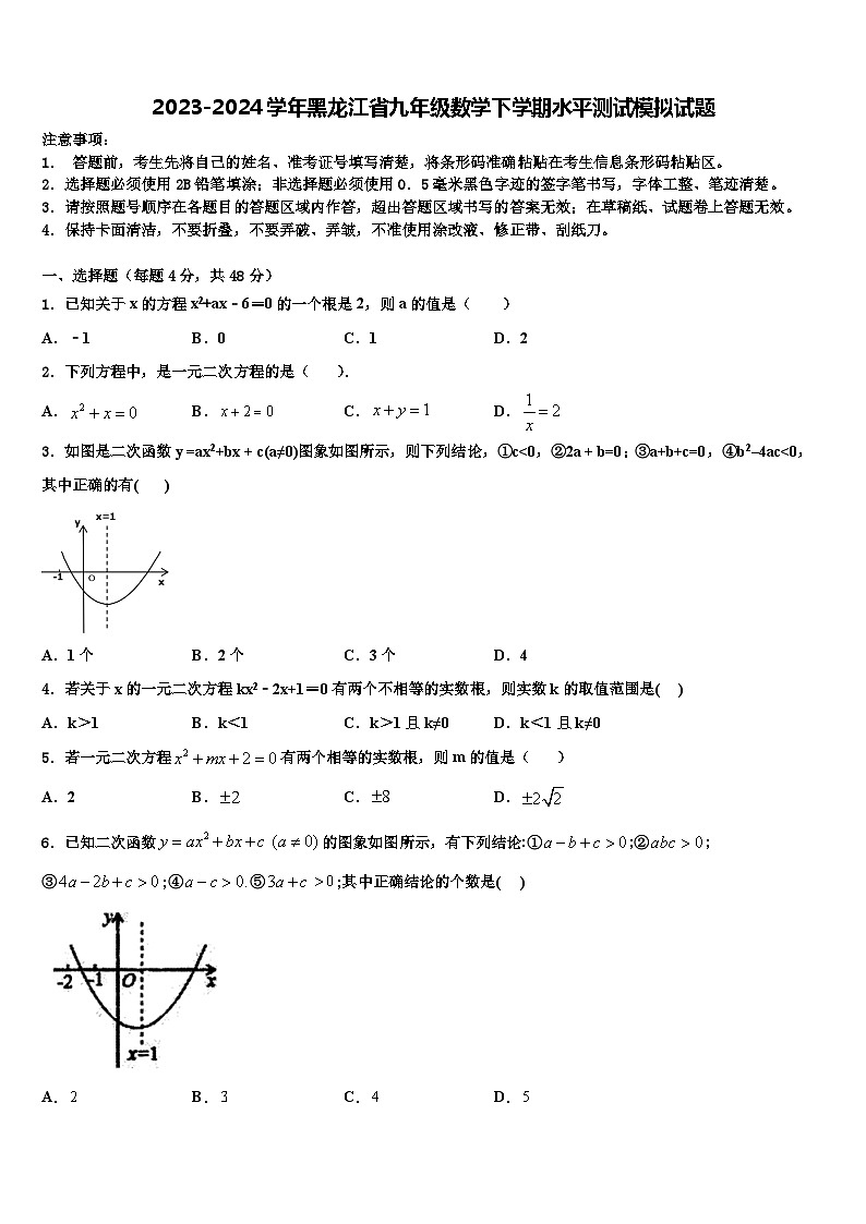 2023-2024学年黑龙江省九年级数学下学期水平测试模拟试题第1页