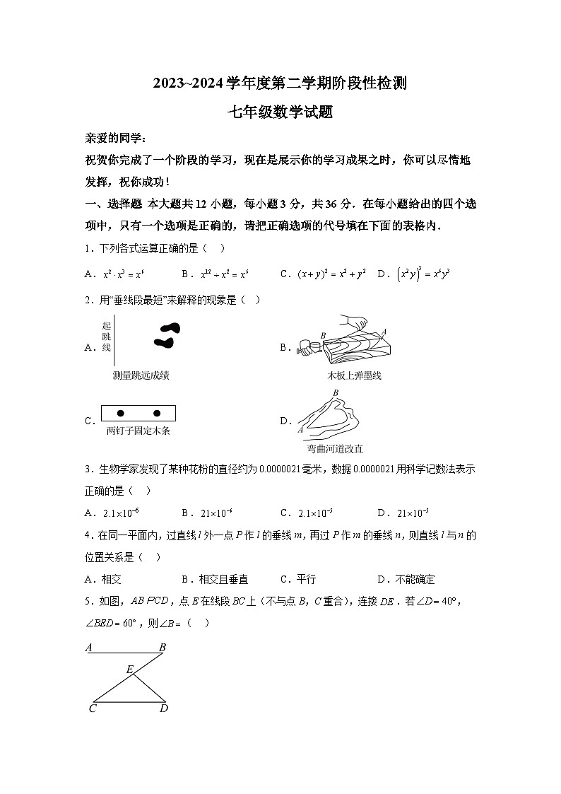 山东省枣庄市台儿庄区2023-2024学年七年级下册期中考试数学试题（含解析）01