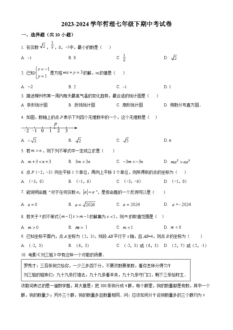 福建省莆田市城厢区莆田哲理中学2023-2024学年七年级下学期期中数学试题（原卷版）第1页