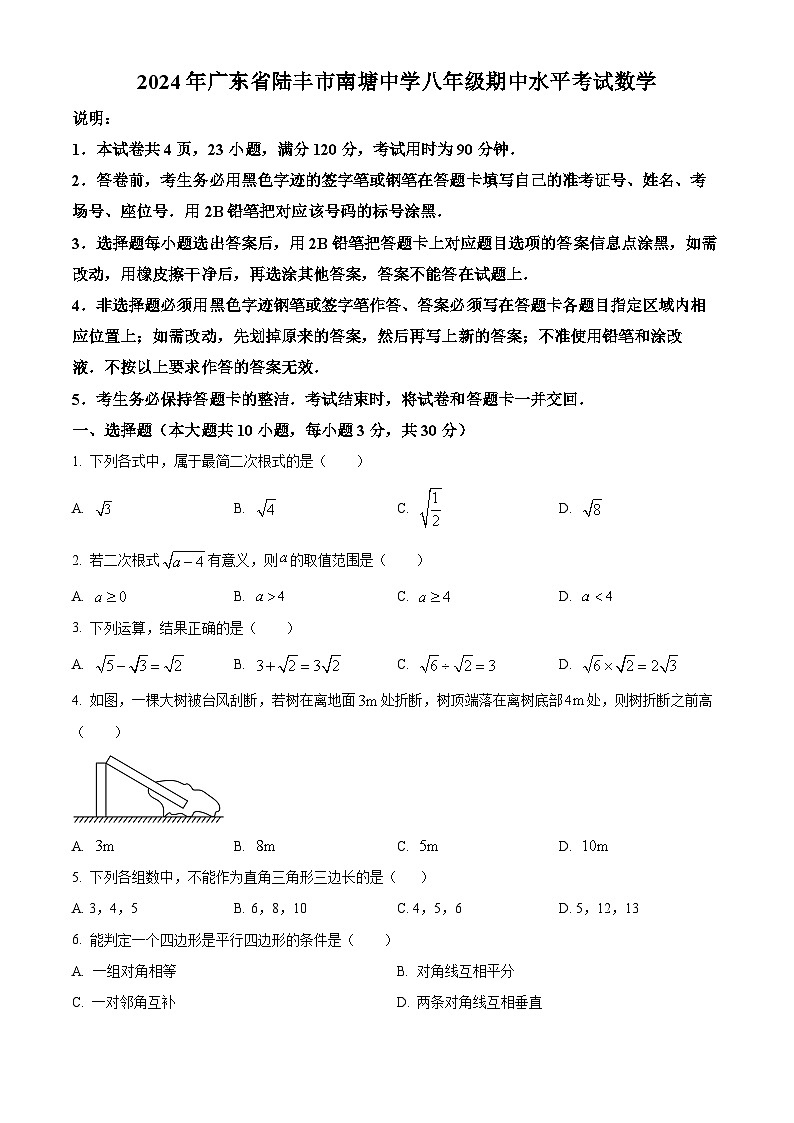 广东省汕尾市陆丰市南塘中学2023-2024学年八年级下学期期中数学试题（原卷版）第1页