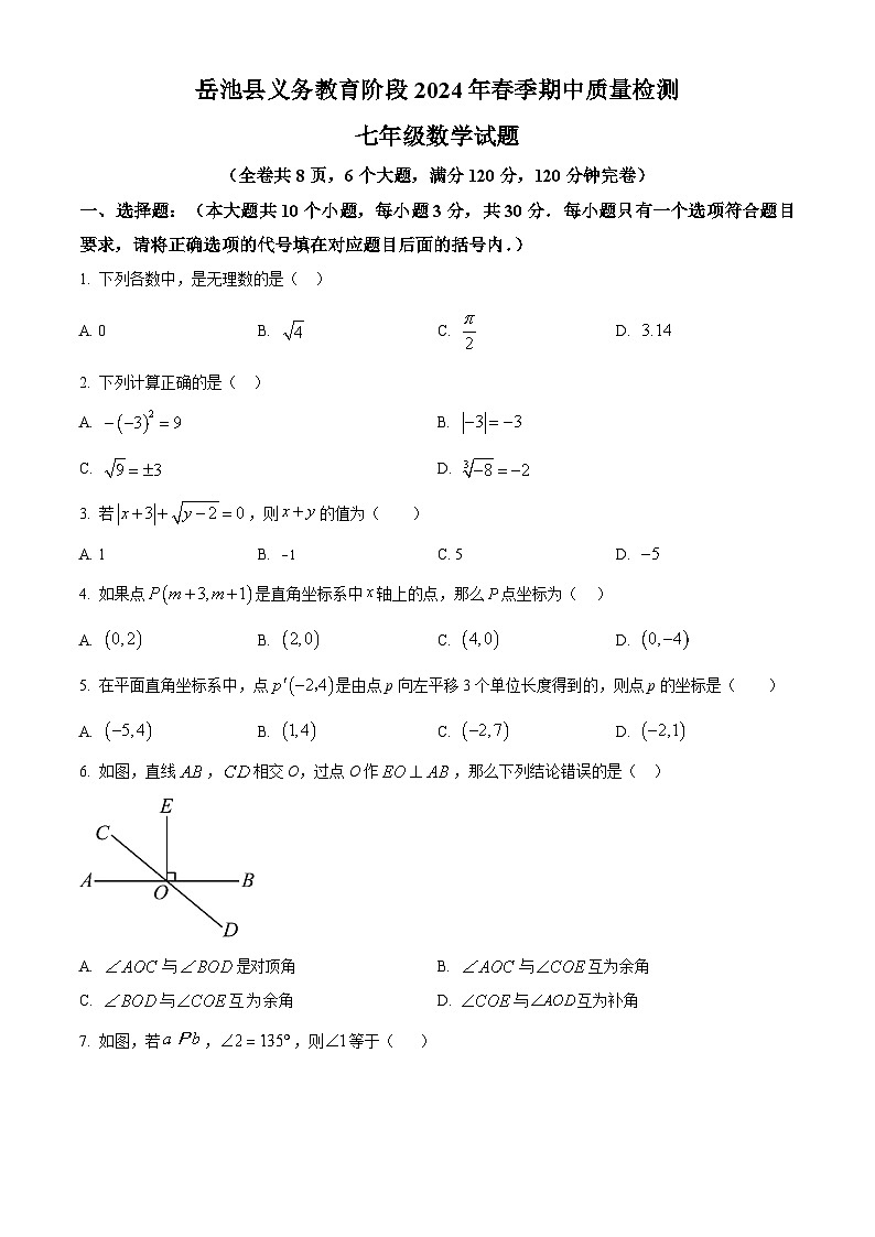 四川省广安市岳池县2023-2024学年七年级下学期期中数学试题（原卷版+解析版）01
