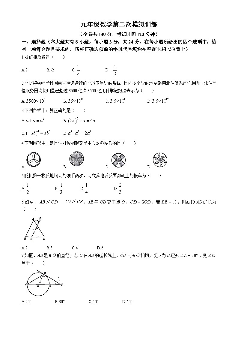 2024年江苏省徐州市树人初级中学九年级中考数学二模试题(无答案)第1页