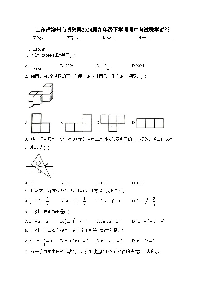 山东省滨州市博兴县2024届九年级下学期期中考试数学试卷(含答案)第1页